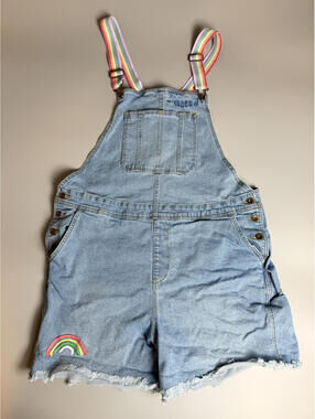 Vintage Denim Short Overalls Rainbow Strap Dungarees, Light Wash Denim Romper XL